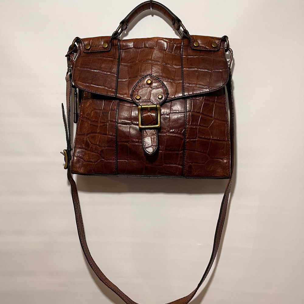 Fossil Crossbody Bag Croc Embossed Leather Brown Women Small ZB5438 - Picture 2 of 9